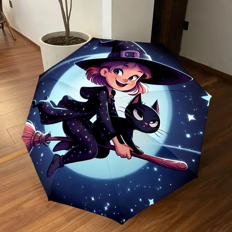 1PC Witch broomstickAutomatic Open/Close Umbrella with Windproof, 8-Rib Sturdy Canopy, Durable Ribs, Fashionable Design, Outdoor Accessory, Fun Prin,