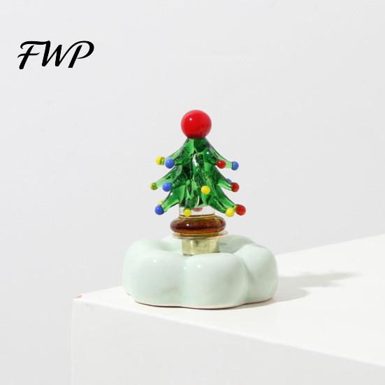 Car Dashboard Ornament Glass Christmas Tree Figurine with Rotating Ceramic Base, Handmade Glazed Unique Holiday Keepsake for Desk Decor And