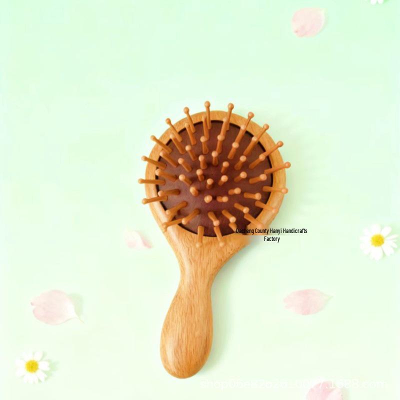 Sandalwood Cat Air Cushion Comb - Small, Round, Portable Hair Smoothing & Head Massage Souvenir.