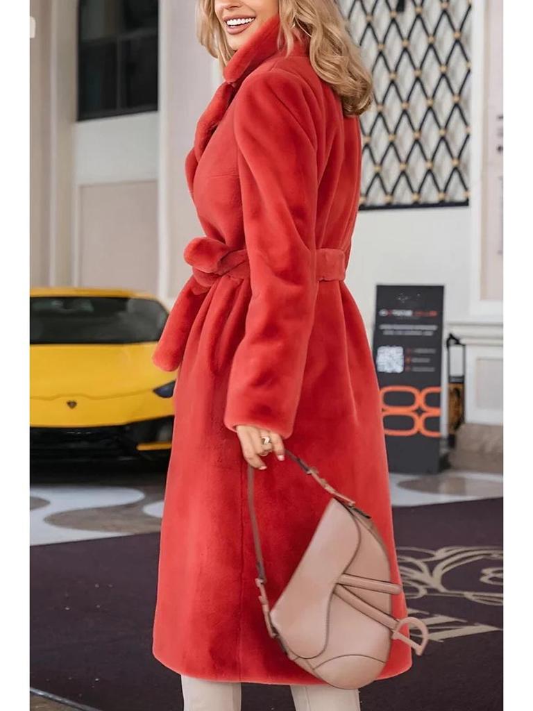2024 Autumn/Winter Women's Fashion Elegant Tie-Waist Turn-Down Collar Plush Long Coat