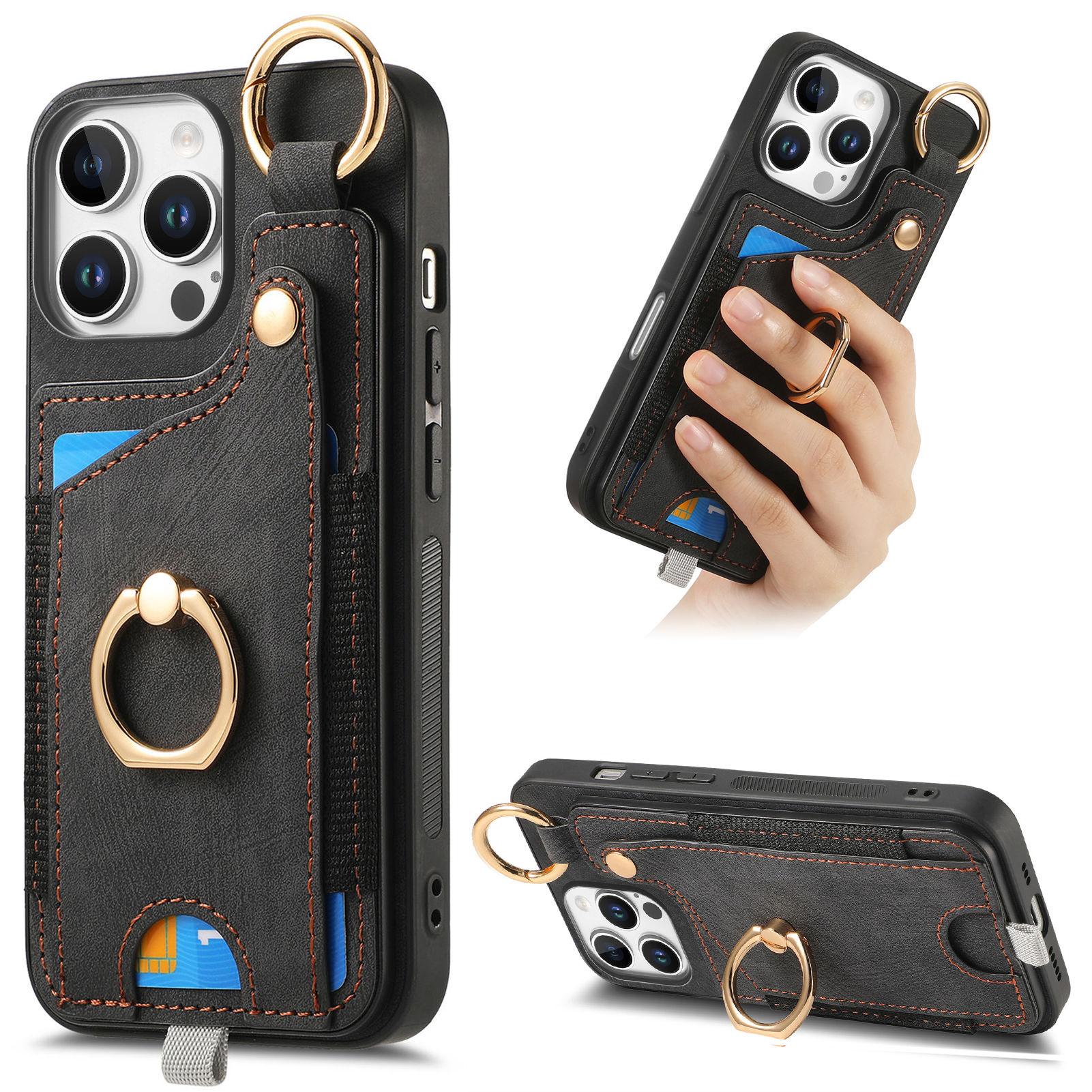 

For iPhone 16 Pro Max Case Card Slots Leather+TPU Phone Cover with Ring Buckle Black