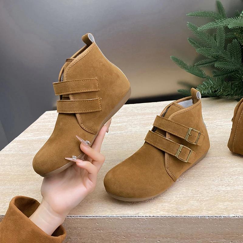 Fashion Fashion Booties Autumn New Round Toe Suede Metal Buckle One Strap Soft Sole Anti-slip Wear-resistant Flats