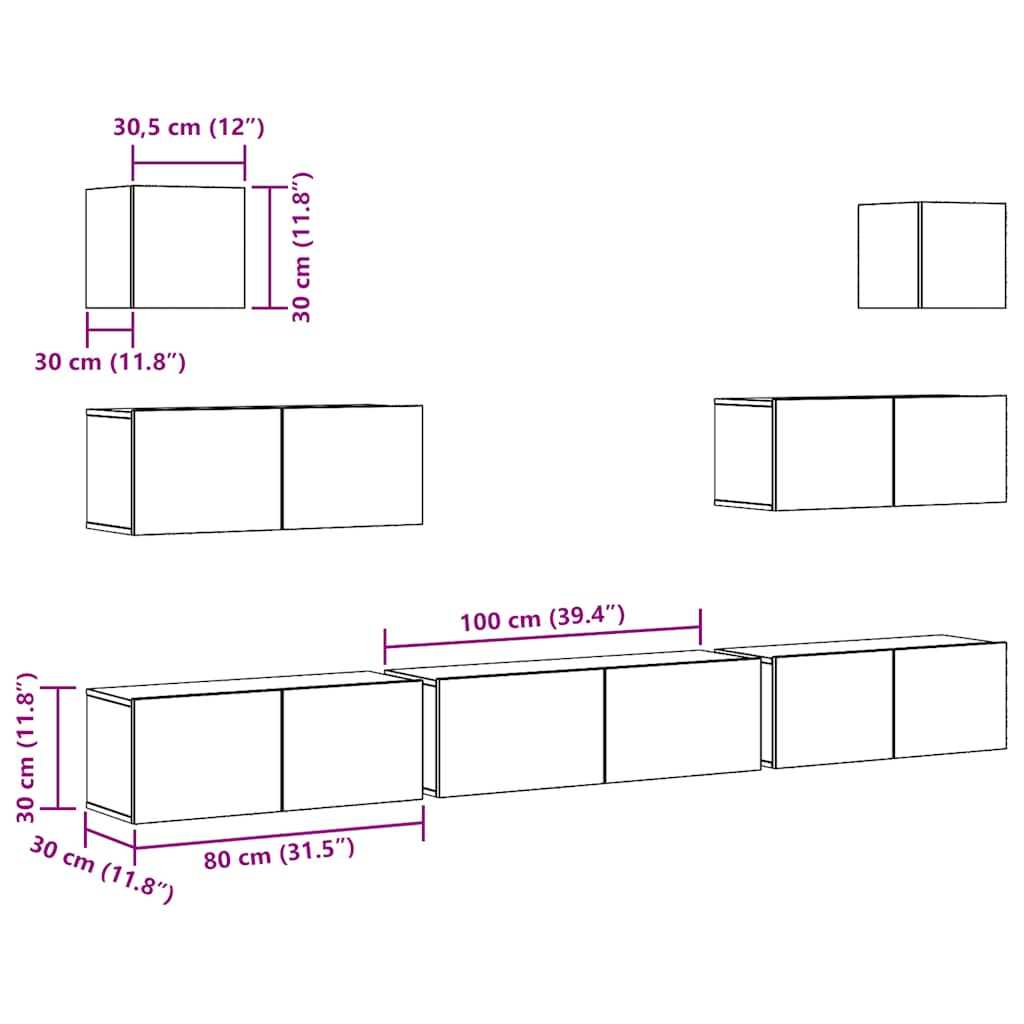 7 Piece Wall Mounted TV Cabinet Set Artisan Oak Wood Based Panel