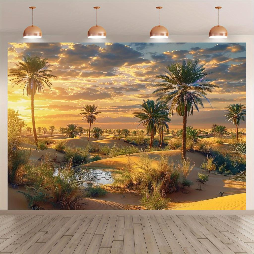 2D flat 1 piece desert palm tree oasis sunset banner background fabric - polyester fabric, for home decoration and parties