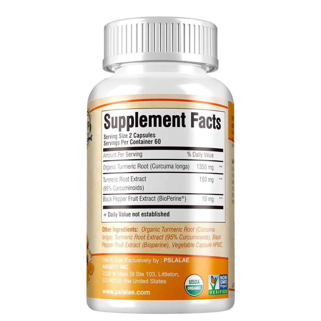 Pslalae Premium Ultra-Pure Curcumin Capsules, 1500mg, Enhanced with Black Pepper Fruit Extract, Joint Support, Suitable for Men and Women