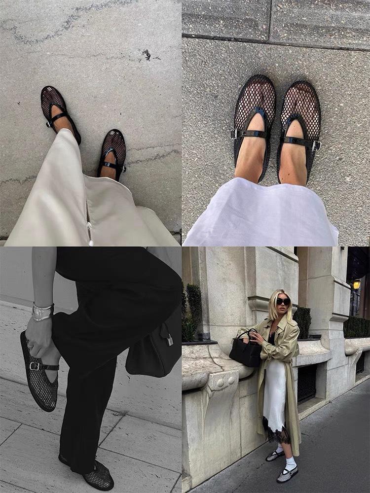 Plus Size Round Toe Fishnet Ballet Flats with Buckle - Women's Fashionable Flat Heel Shoes