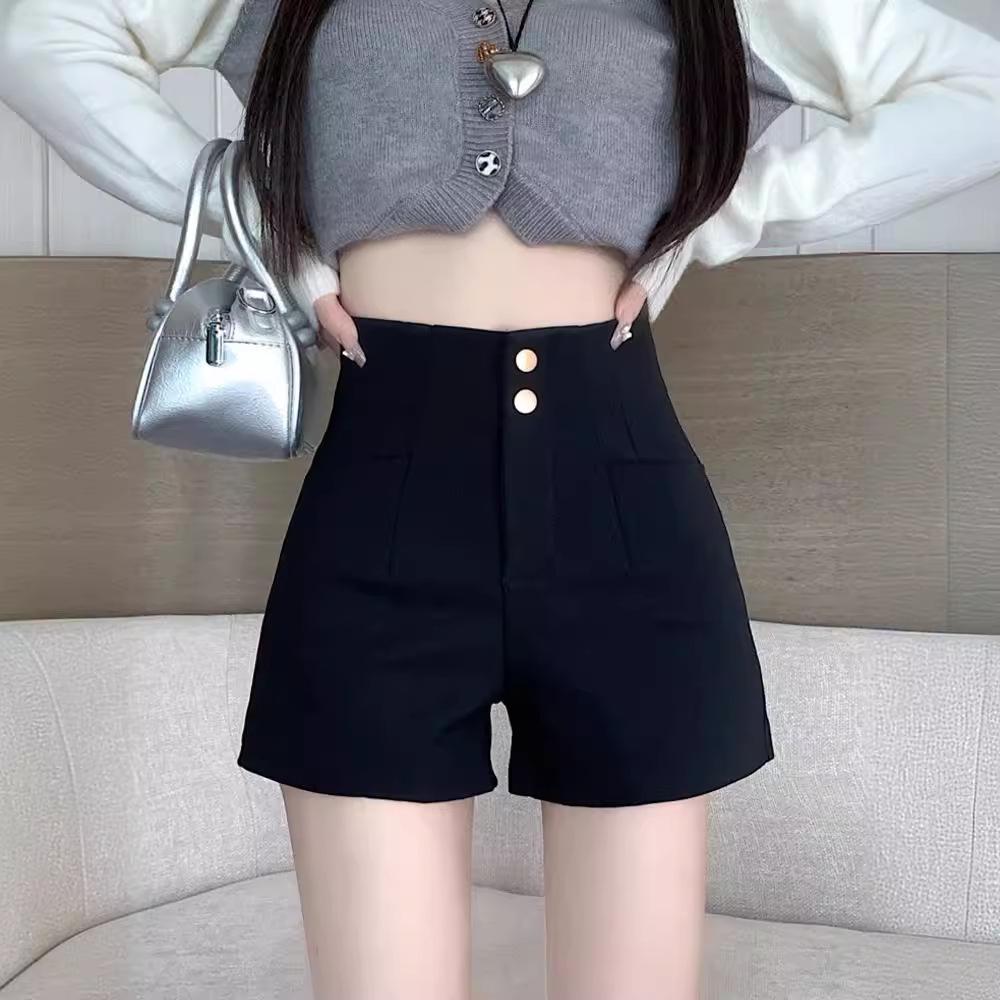 Women's High-Waist Black Suit Shorts - Summer 2024 A-Line Slimming Style