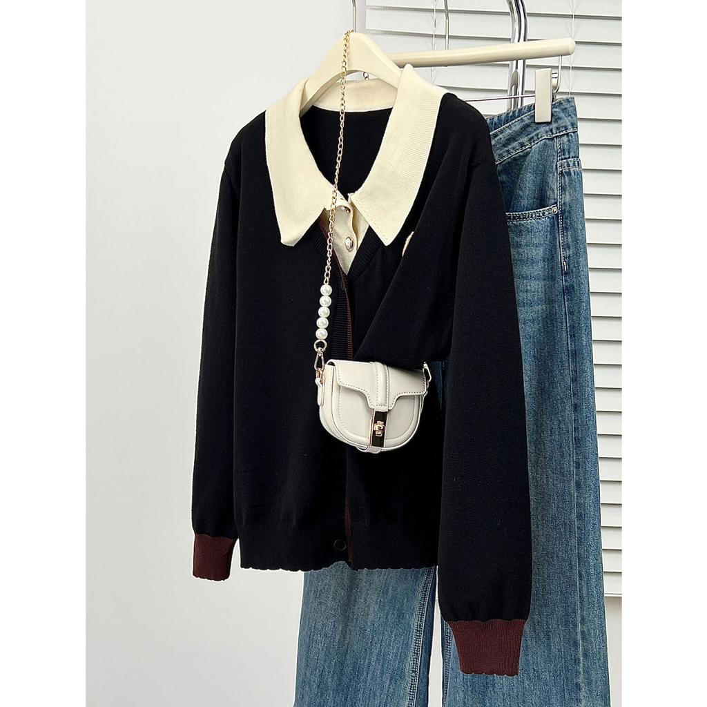 Plus Size Women Fake Two Piece Long Sleeve Knitted Cardigan College Style Sweater
