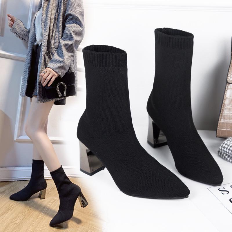 One-character women's black thermal boots, comfortable and fashionable pointed high heels, women's casual thick-heeled single shoes