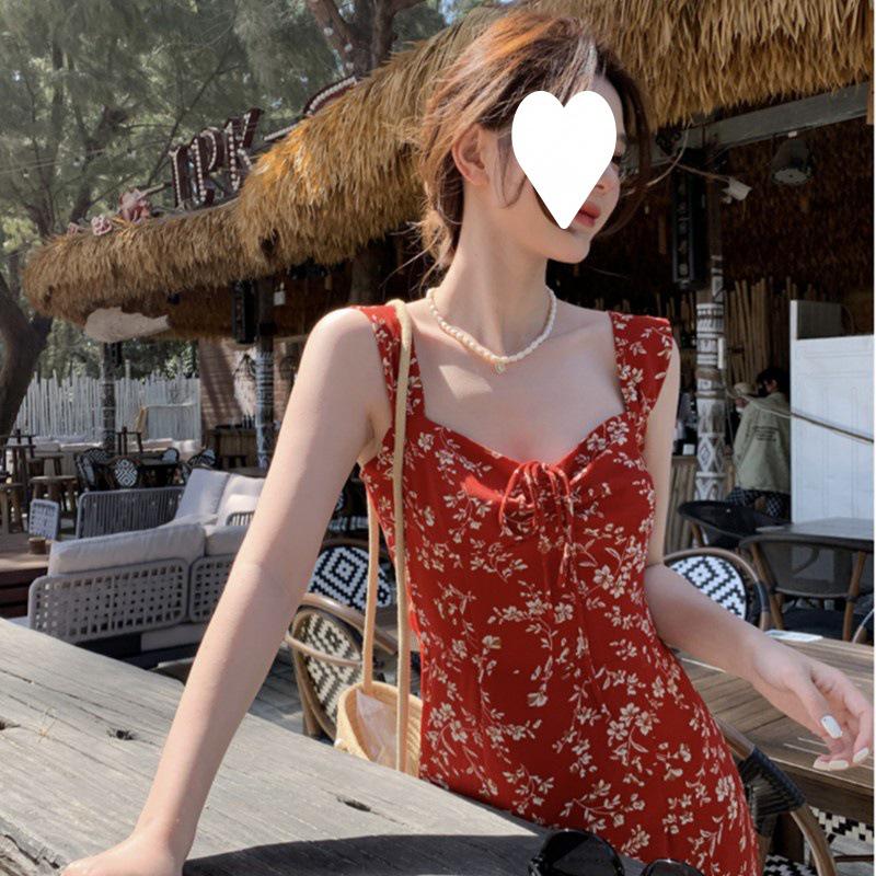 French Red Floral Spaghetti Strap Summer Dress - Women's 2024 Beach Vacation Long Dress