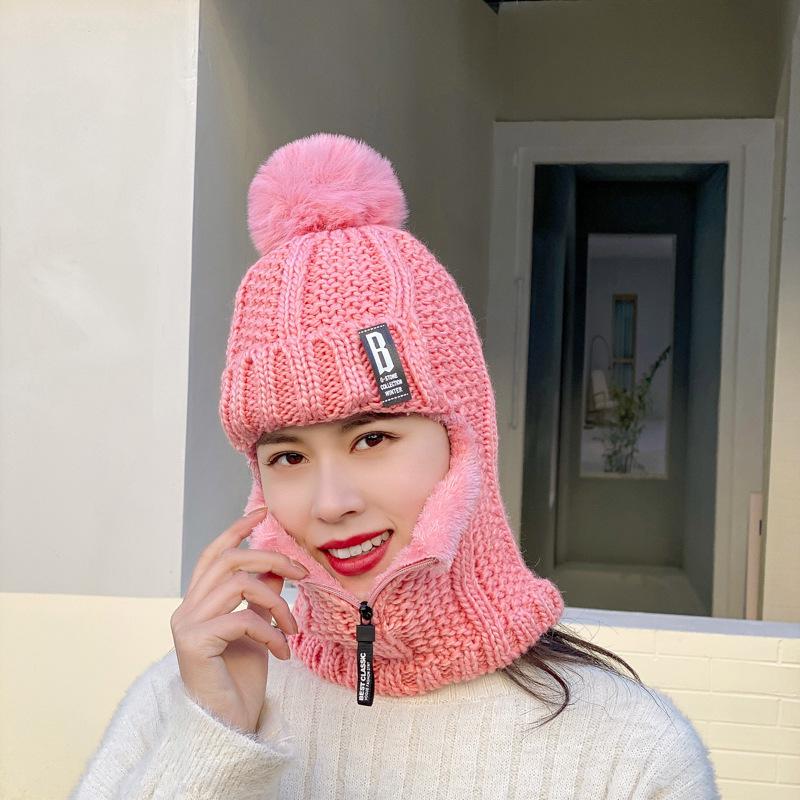 Women's Korean Style Velvet-Lined Knit Pullover Hat with Ear Protection and Zippered Neck Warmer for Winter Cycling