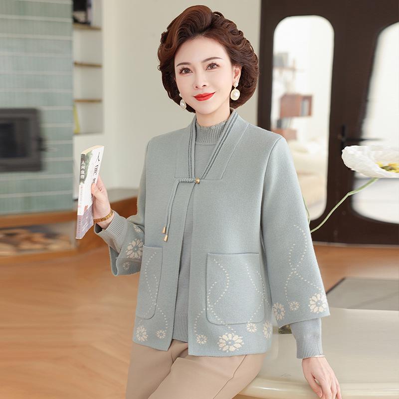 Jesienny dwuczęściowy zestaw dzianinowy 2025: Stylowy top kardiganowy dla kobiet w średnim wieku i starszych