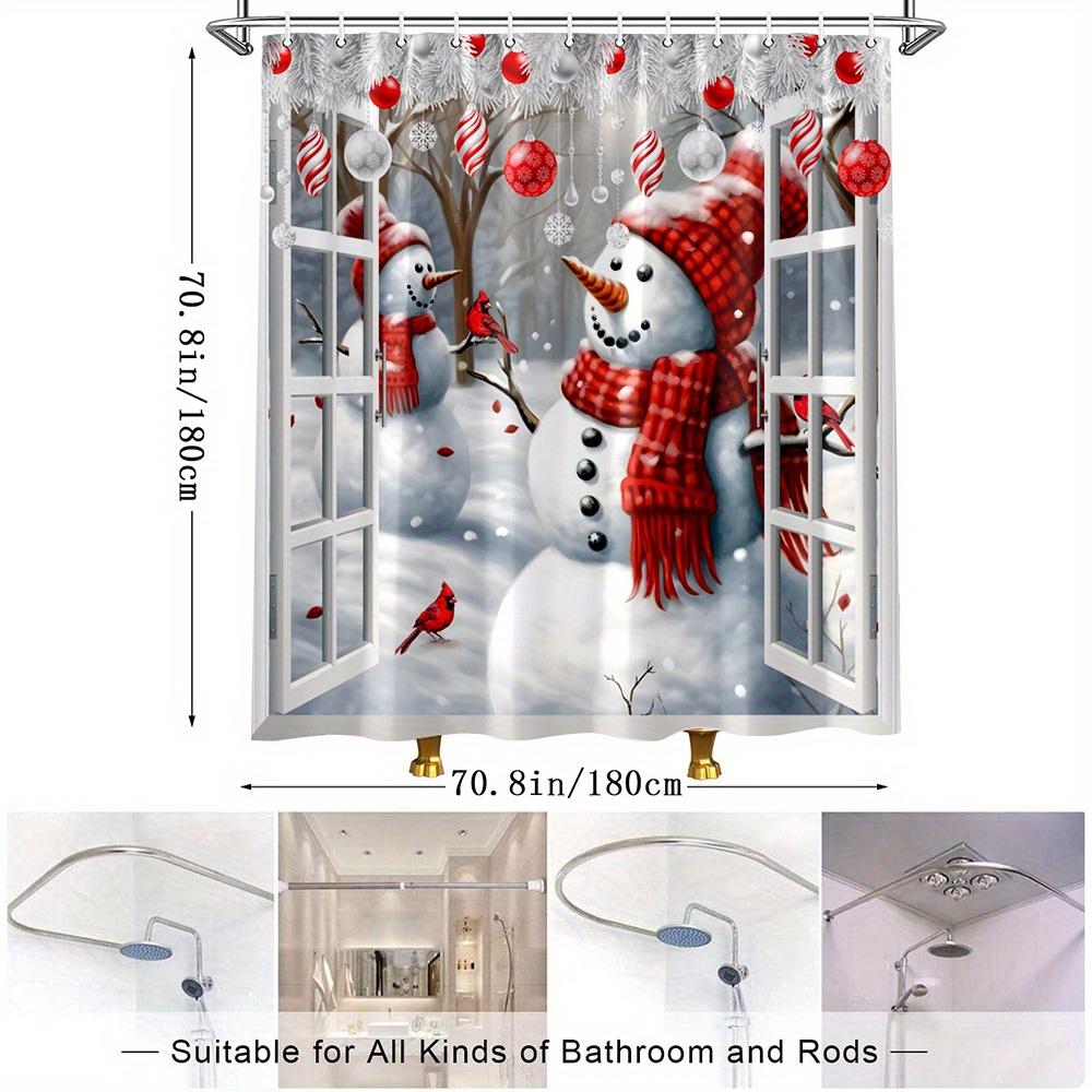 1pc Christmas Snowman & Cardinal Winter Wonderland Shower Curtain with 12 Hooks - Red & White Snowy Forest Design, Polyester