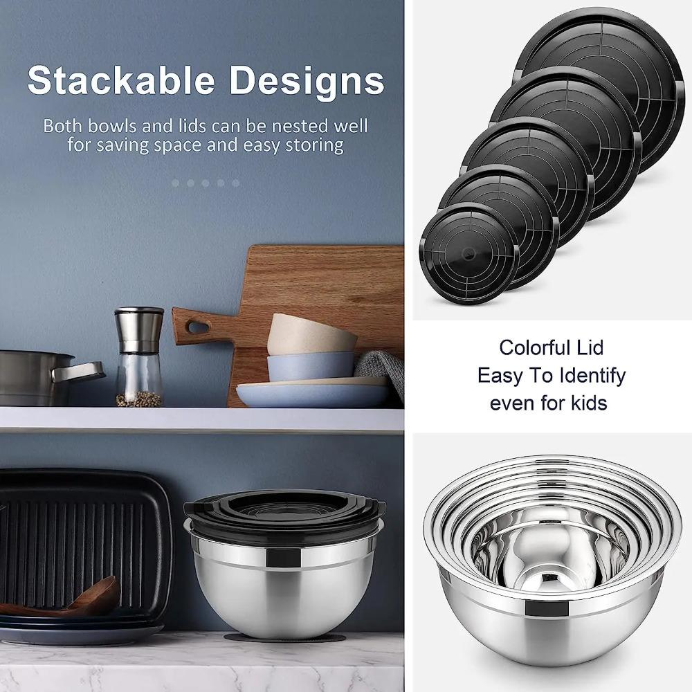 Mixing Bowl Set of 5, Stainless Steel Metal Nesting Salad Bowl with Lid Set, Non-Toxic & Durable, Airtight Lid & Easy Clean