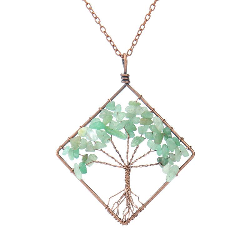 Hand-Wrapped Square Tree Of Life Necklace Natural Irregular Gravel Crystal Necklace N09