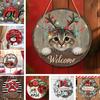 Christmas Welcome Plaque Wooden Sign, Animal Round Hanging Door Decor, Sign Farmhouse Ornament for Window Garden Holiday Decor Pet Theme Decoration