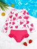 Long Sleeve 2 Pcs Swimsuit for Girls, Strawberry Print Bathing Suit with Ruffle Bottom for 4-7 Years