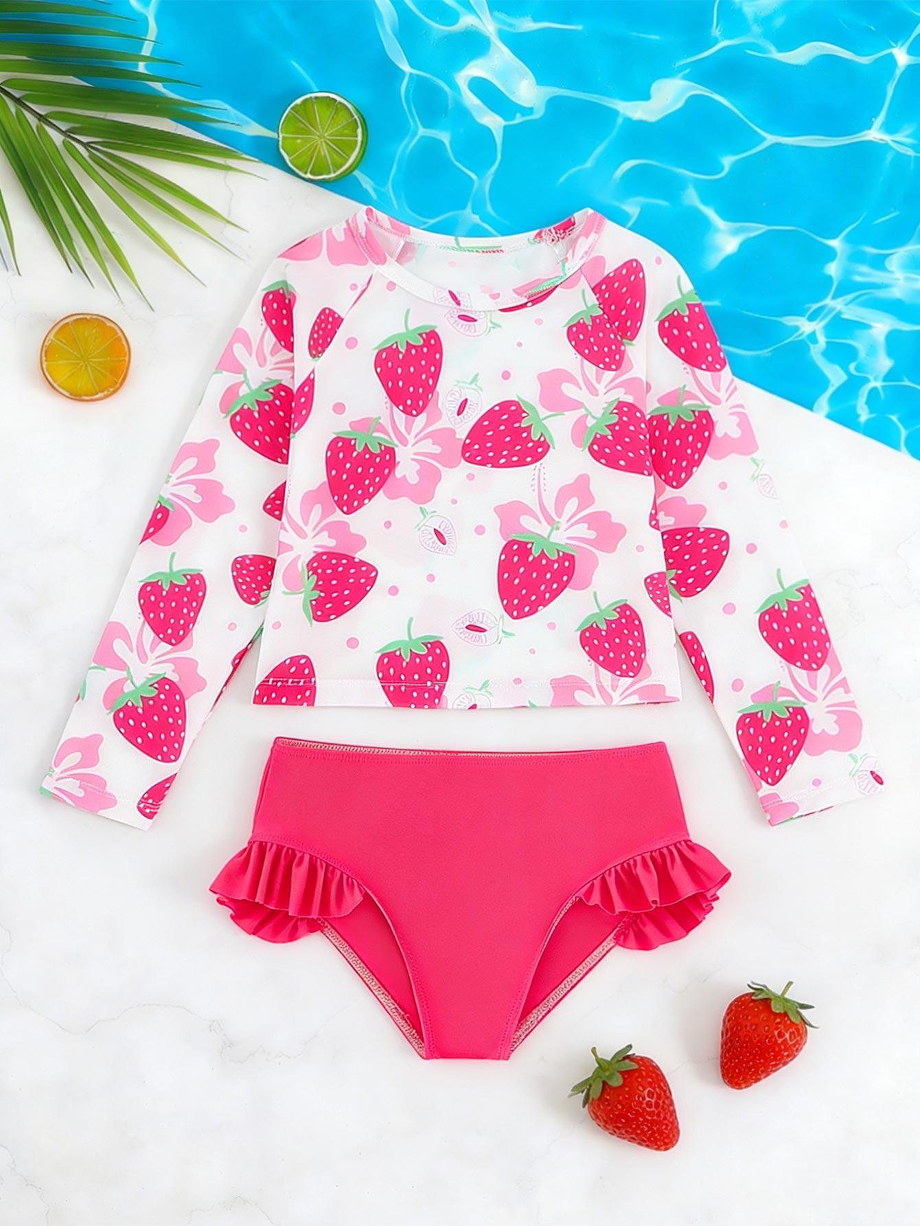 

Long Sleeve 2 Pcs swimsuit for girls, Strawberry Print Bathing Suit with Ruffle Bottom for 4-7 Years 7Y різнокольоровий