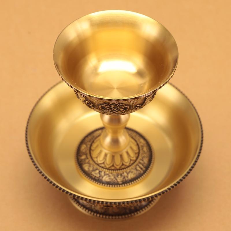 Buddhist Tribute Guardian Cup,Copper,Engraving Bronze Layer Two Handicraft Tibetan Buddhism Holy Water Plate,Desktop Decorative