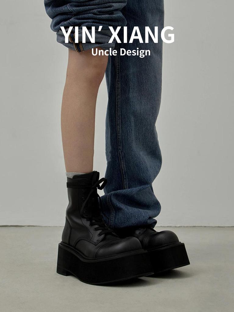 Cowhide version~ Small 9cm thick-soled heightening leather Martin boots women's lace-up sweet cool big head boots small short boots