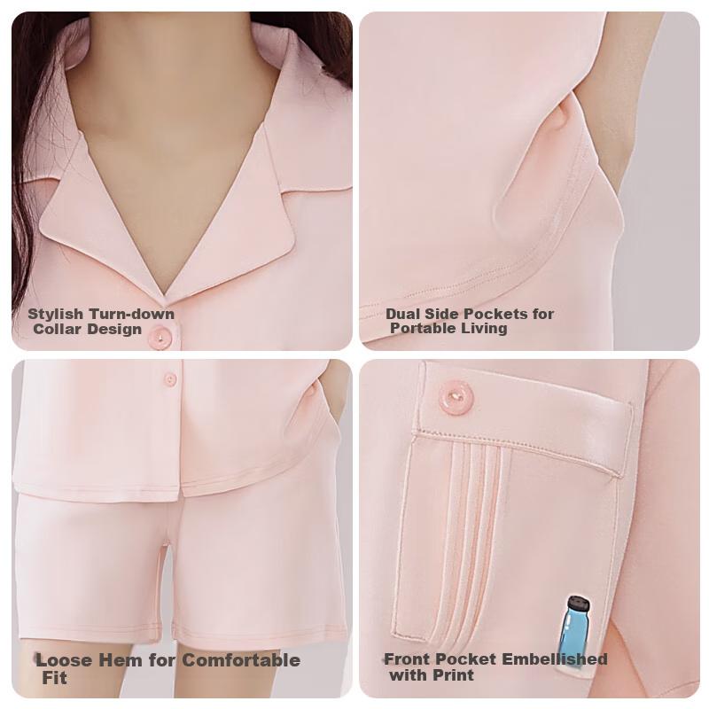 MIIOW Women's Summer Pajamas [100% Pure Cotton], Fresh Turndown Collar Couple Loungewear, Suitable for Outdoor Wear, Huan Sha