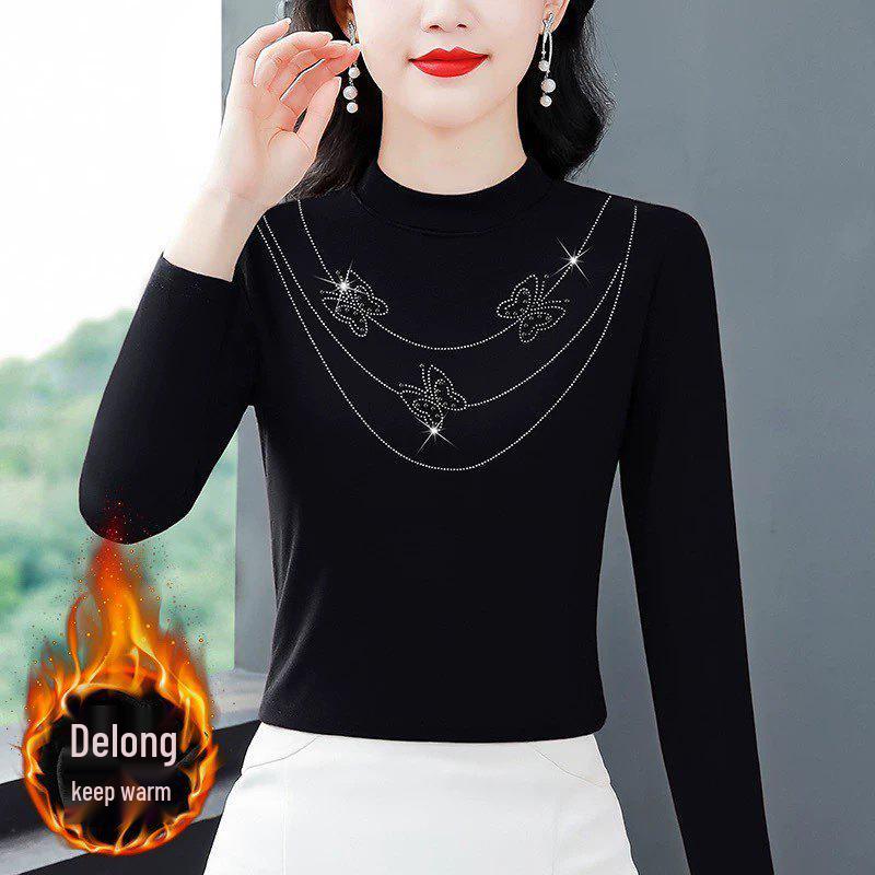 Women's Double-Sided German Fleece Turtleneck Top, Long Sleeve, 2026 Autumn/Winter, Stylish with Hot Drill Accents, Warm and Trendy.