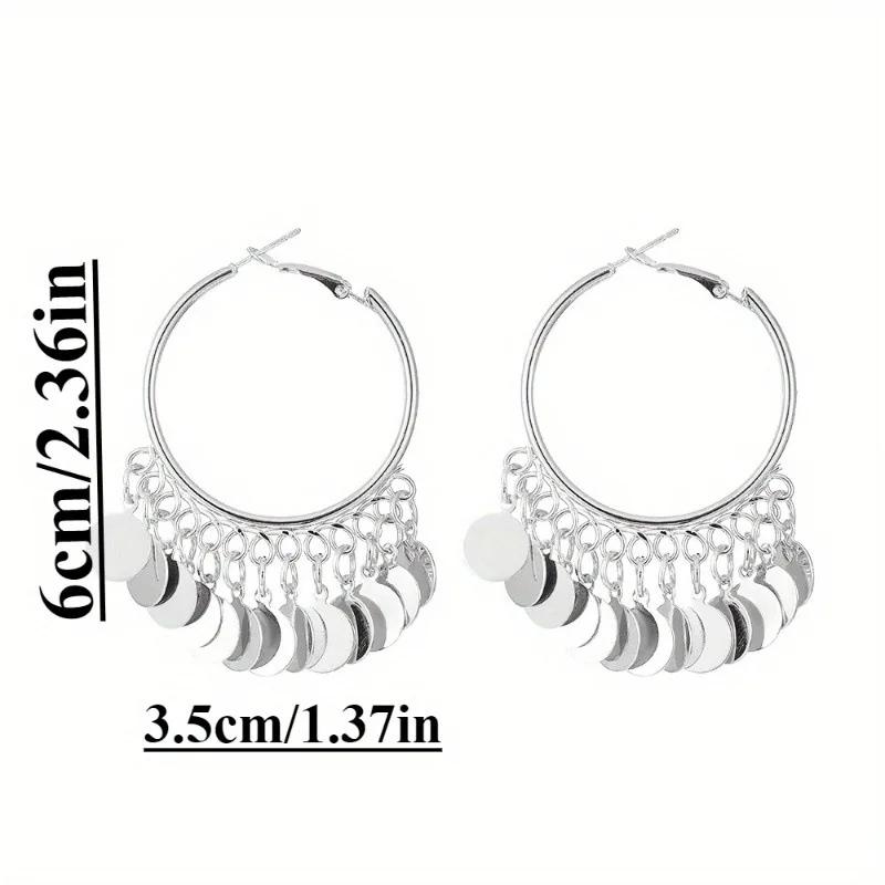 Vintage Bohemian-Style Large Hoop Earrings With Disc Pendants. These Sequined Earrings Are Stylish Geometric Round Pen