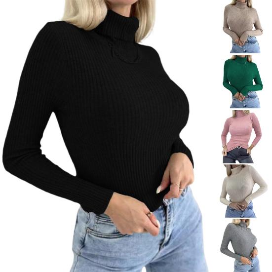 Yousheng Women High Collar Bottoming Sweater Elastic Breathable Fabric Solid Color Knit Pullover Lazy Style Long Sleeve Slim Fit Sweater