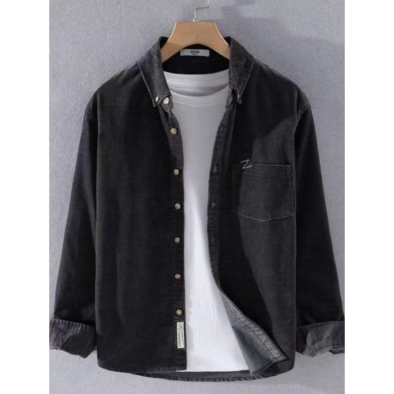 Pánská retro manšestrová bunda volného střihu - japonský styl, s dlouhým rukávem, velké velikosti pro jaro a podzim.