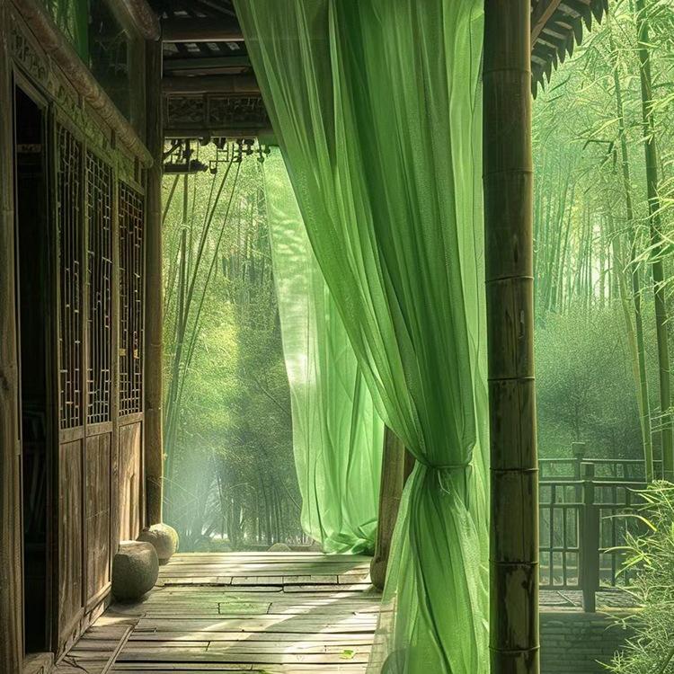 Green Gauze Curtain Gazebo: New Chinese Style Mesh for Outdoor Decor, Kindergarten Design, or Home Environment Arrangement.