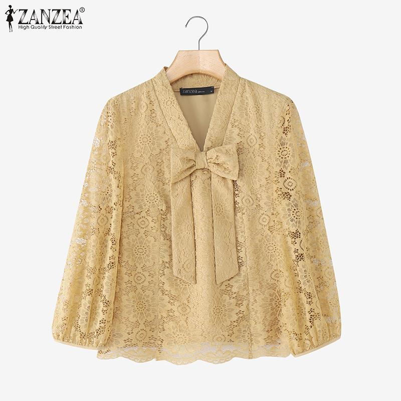 ZANZEA Bluză casual de damă cu decolteu în V, mâneci 3/4 și dantelă patchwork