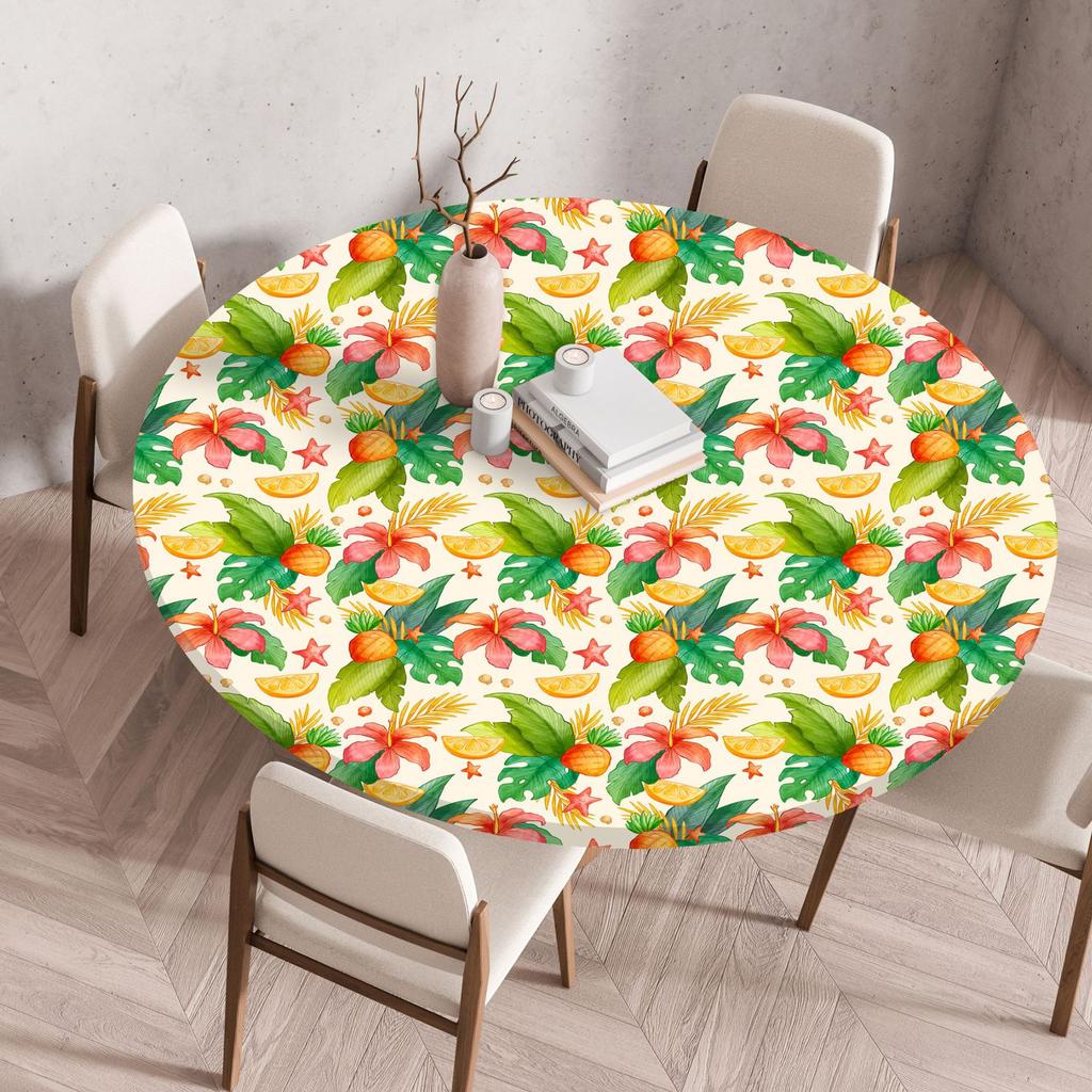 Plant Flower Patterns Round Tableclothes for Dining Table Fitted Table Protector Cover Elastic Edge Desk Decoration Waterproof
