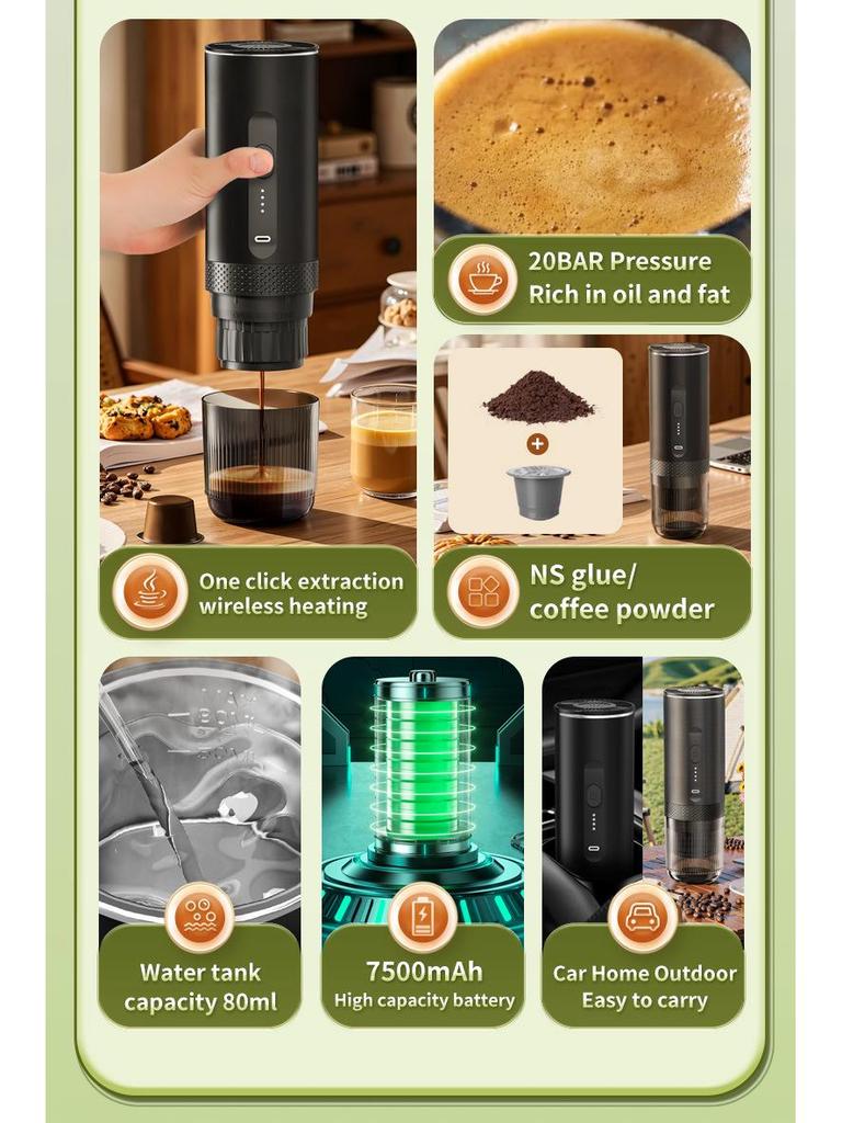 Bezdrátový přenosný kávovar na espresso s tlakovým systémem čerpadla ovládaným jedním tlačítkem