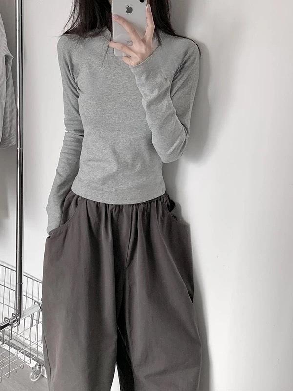 Women's Slim Fit Long Sleeve Plain Cotton T-Shirt - Round Neck, Versatile, Ideal for Spring and Autumn