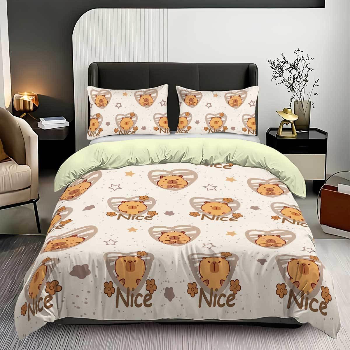Flylo Unisex Cartoon Capybara Duvet Cover With Pillowcases, Microfibre Reversible Quilt Covers, 2 Piece Soft Bedding Sets, Machine Washable