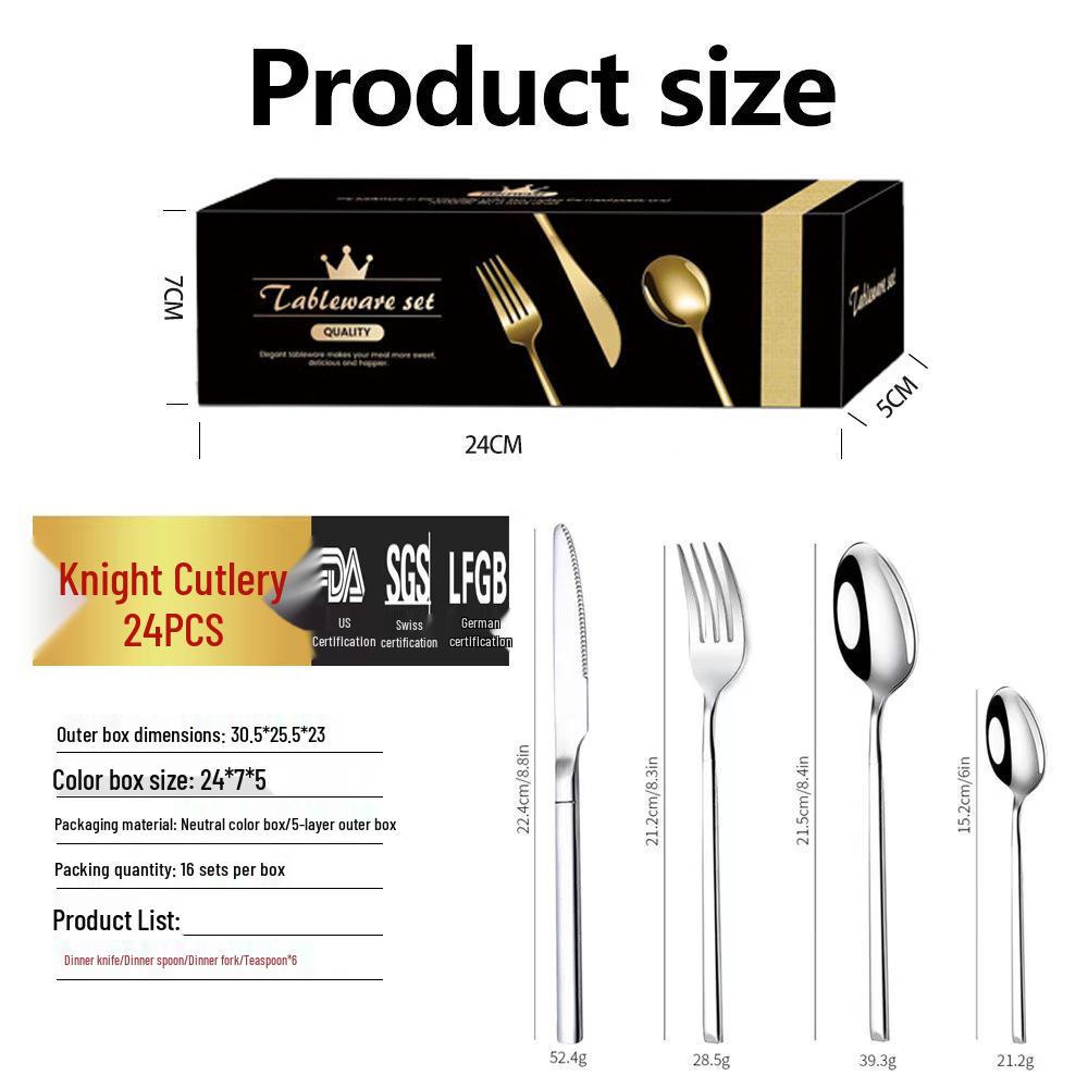 

Набор столовых приборов Amazon Knight из нержавеющей стали, 24 предмета: Включает нож, вилку, ложку для западной кухни в подарочной коробке. Silver 24 pcs