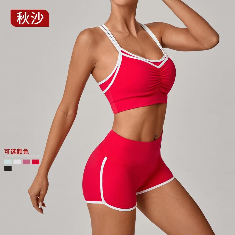 Color Block Sports Bra High-Waist Shorts Set Women Tight Fit Yoga Running Fitness