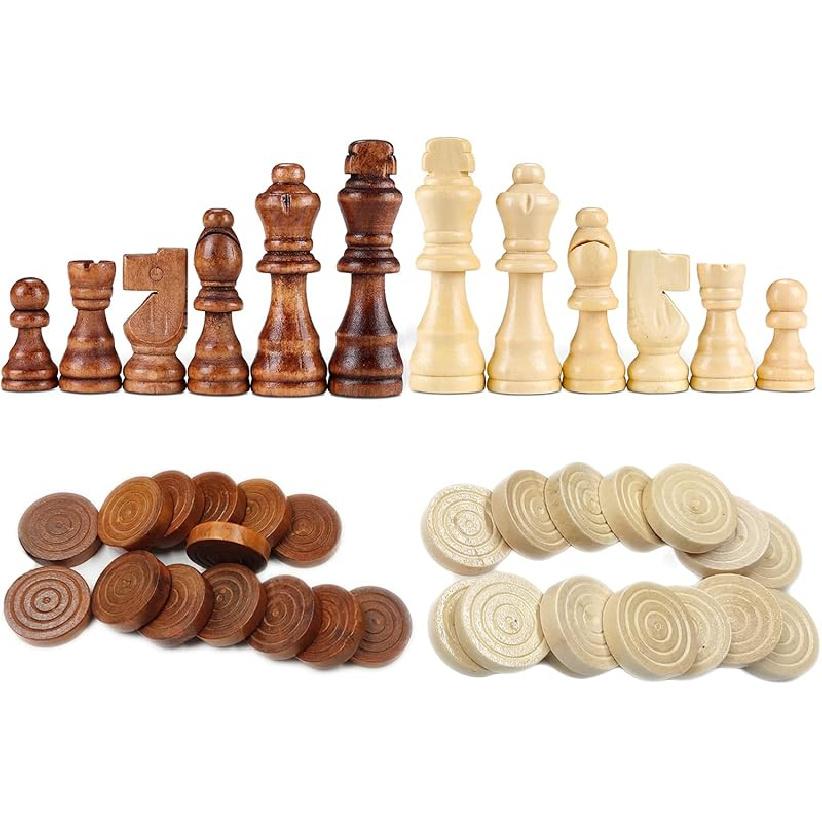 62 Pieces Wooden Checker Pieces & Chess Pieces 2 in 1 Chess Game Set Board Games Accessories Classic Wooden Chess Game Set in 2 Styles and 2 Colors Set-A