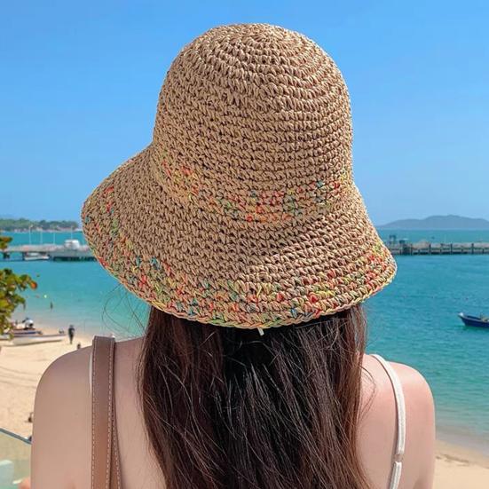 Chapéu de Pescador Cor Arco-Íris Misturada Palha Artesanal Vazado Respirável Proteção Solar Facial Completa Aba Larga Dobrável Portátil Chapéu de Férias