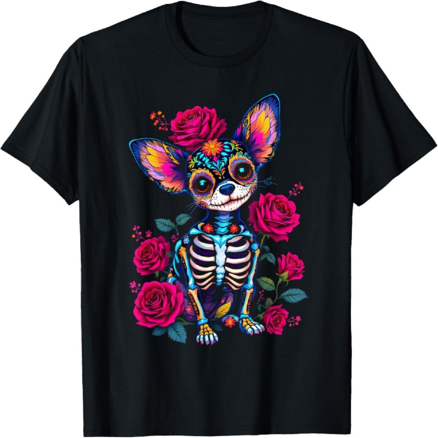 

Mexican Sugar Skull Chihuahua Dia De Los Muertos Halloween T-Shirt XXXXXL