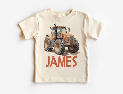 Personalized Orange Farm Tractor Toddler Shirt - Cute Custom Name Farmer Tractor Tee - Boho Natural Kids Shirts