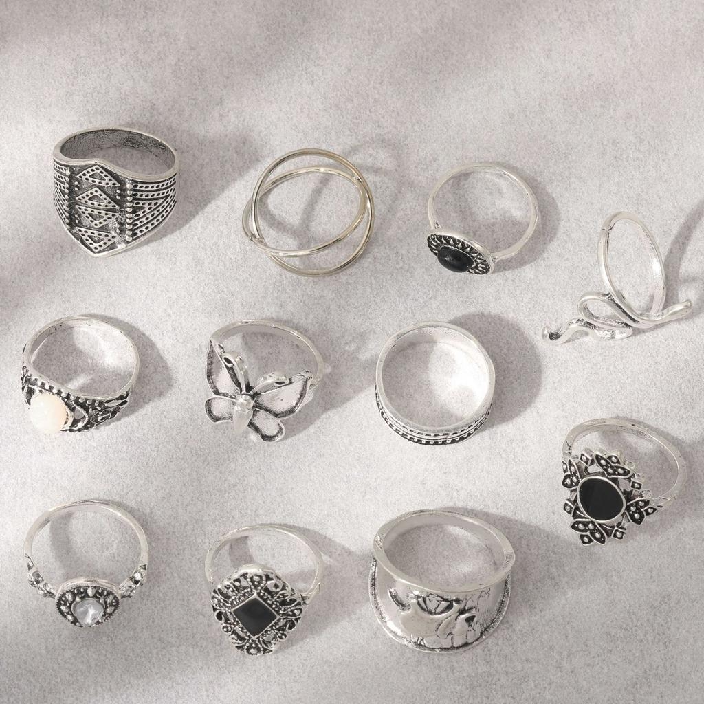 Combination Ring, Vintage Snake Butterfly Elephant Dot Diamond Cross 11 Piece Set Ring Jewelry