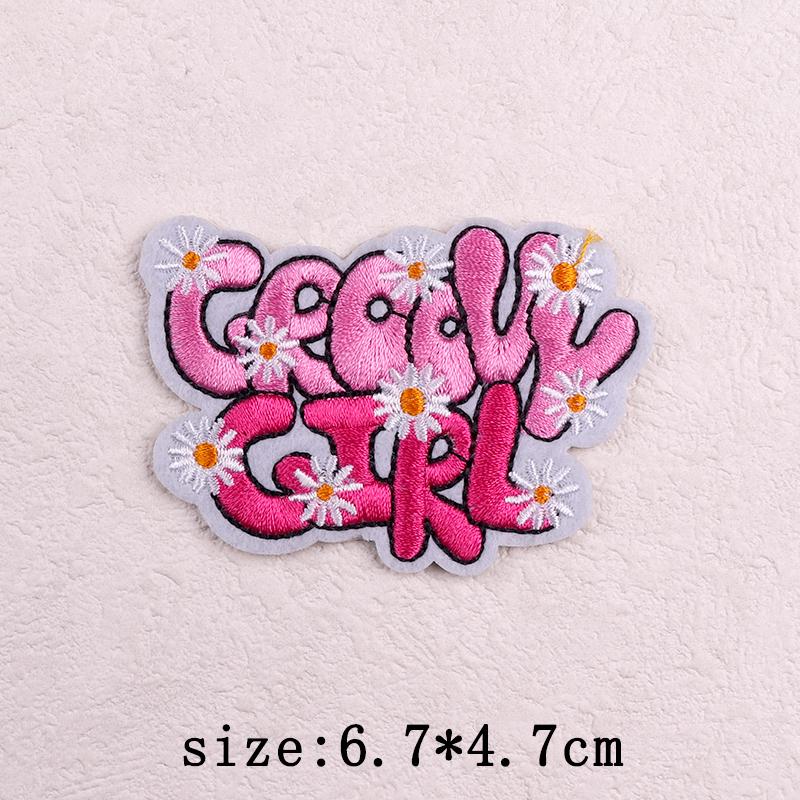 Pink Cartoon Embroidery Patch Iron On Patches For Clothing Flower Letters Patches On Clothes Sewing Fusible Patch Applique Decor