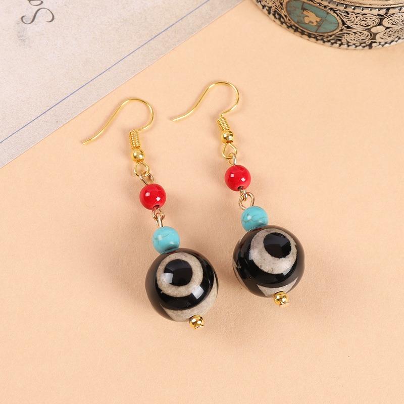 Original design Tibetan nine-eye dzi bead agate earrings retro literary tiger tooth earrings Chinese earrings women