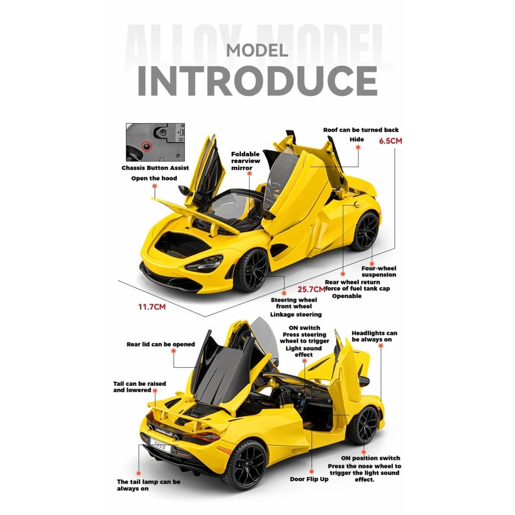 1/18 McLaren 720S Supercar Sports Car Alloy Metal Diecast Model Car Sound & Light Pull Back Collection Hobby Decoration Present