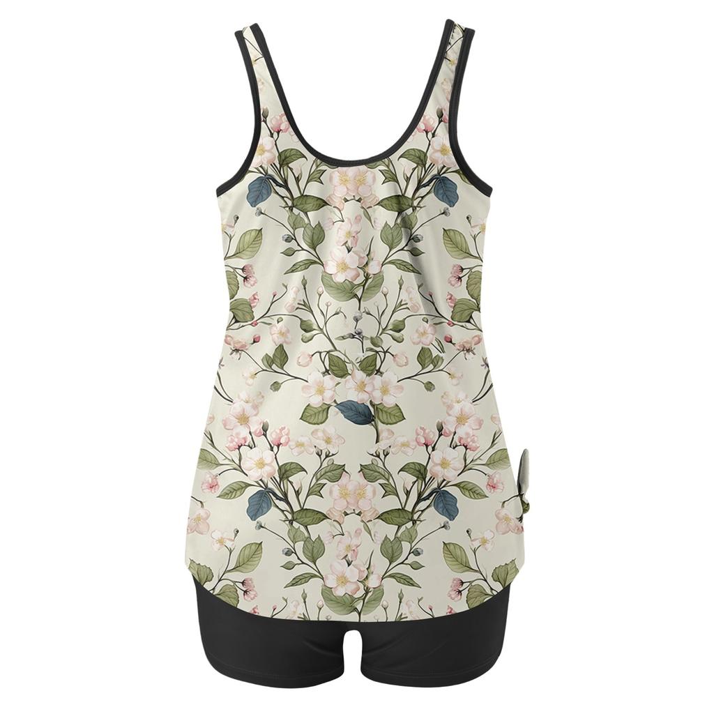 Zweiteiliger Tankini-Badeanzug für Damen mit Oberteil mit tropischem Aufdruck und schwarzer Hose, perfekt für Strand- und Poolaktivitäten