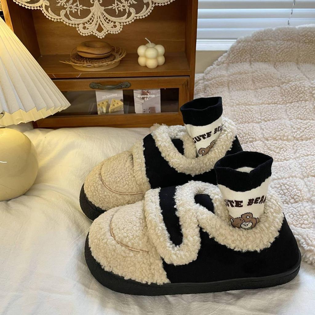Cotton slippers winter plush warm and non-slip winter shoe bag heel wear women's thick-soled home flat-soled loafers