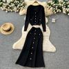 Autumn Winter Women Knitted Sweater Two Piece Set Full Sleeve V-neck Cardigans Coat and Long Midi A-line Skirt Outfits