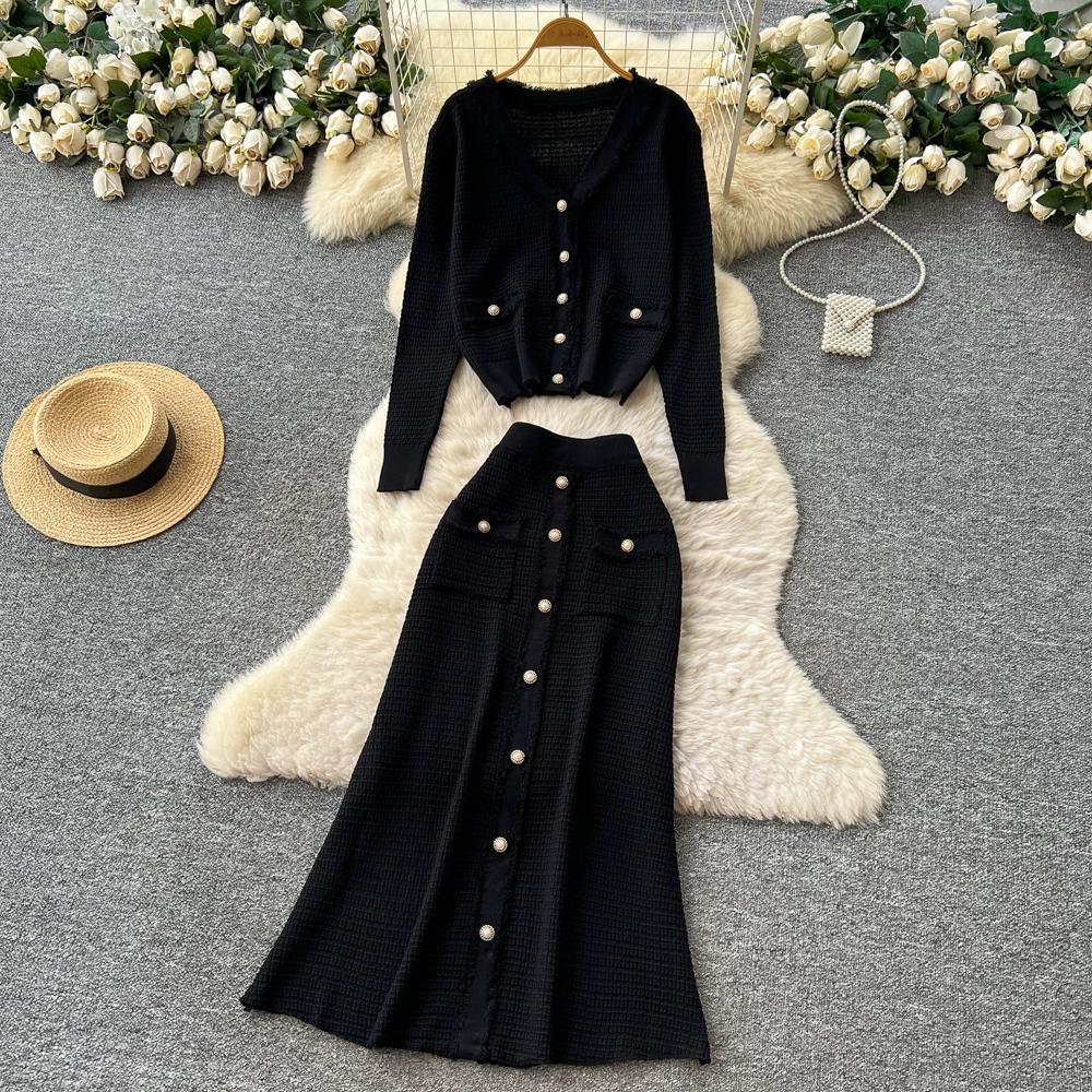 Autumn Winter Women Knitted Sweater Two Piece Set Full Sleeve V-neck Cardigans Coat and Long Midi A-line Skirt Outfits