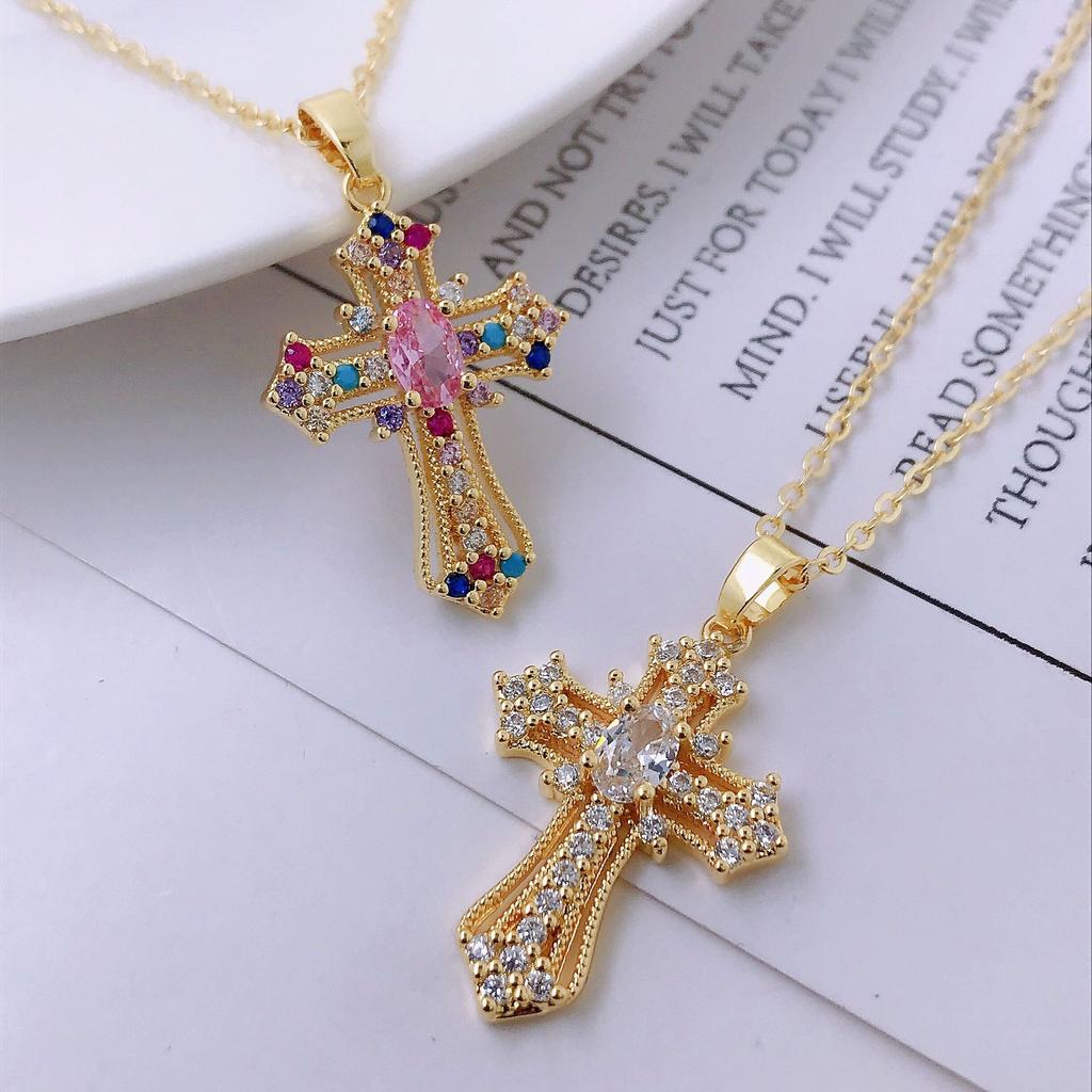 Cross necklace, zircon, European and American necklace, titanium lock chain, Instagram retro punk, personalized pendant, niche design